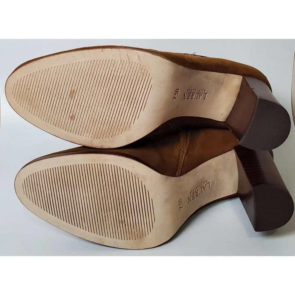 Ralph Lauren Abigael Brown Suede Leather‎ Booties Block Heel Classic Equestrian